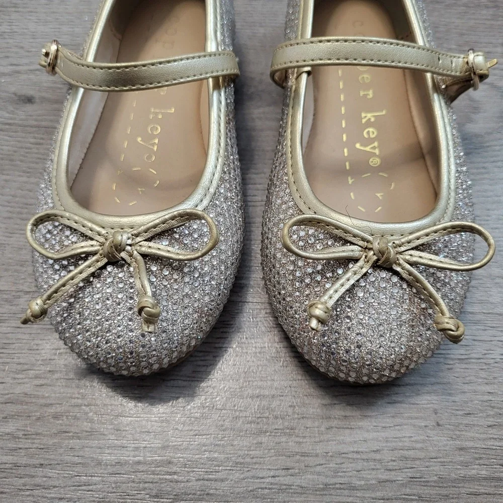 Copper Key MIA Girls Gold Rhinestone Mary‎ Jane Bow Dress Shoes Sparkly Flats 10
